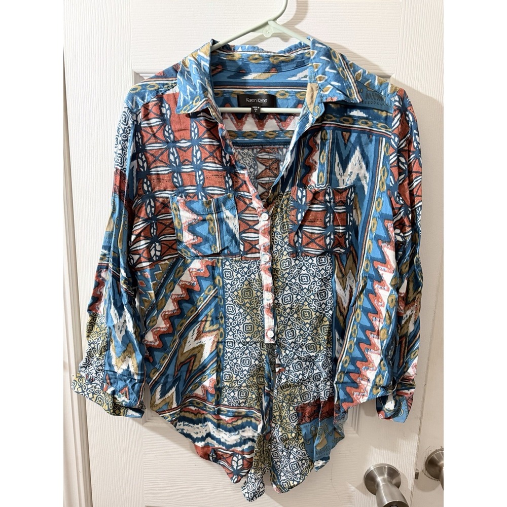Karen Kane Blouse Womens S Aztecish Print Long‎ Sleeves Tie Front Casual